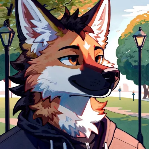 Prompt: score_9, score_8_up, score_8, solo, male, furry, (by_birdpaw) Maned Wolf, portrait, location: park, cheerful, closed eyes, close-up on face
