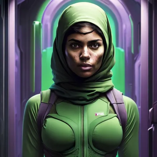 Prompt: Oil painting of a woman with Iranian features and dark hair in a head scarf, pretty face, In futuristic storage bay, wearing futuristic dark green body protection vest over whole torso,  purple leggings, perfect composition, hype realistic, super detailed, 8k, high quality, trending art, trending on artstation, sharp focus, studio photo, intricate details, highly detailed, by greg rutkowski