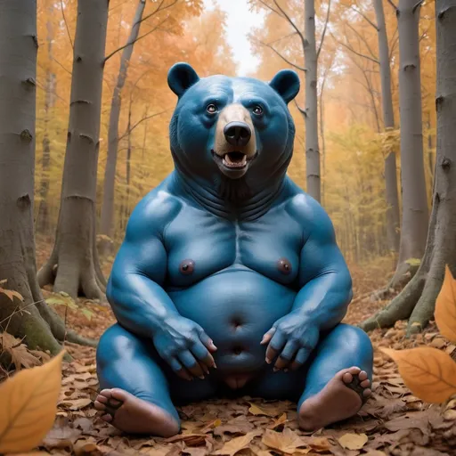 Prompt: an image of a big, plump, male, big-eyed, bear with blue skin, a black nose, and absolutely no hair except for long eyelashes, hairless, no hair, sitting in the middle of a forest in fall, hyperrealistic, comedy, funny, caricature,