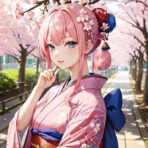 Prompt: Japan as a female human, 8k, UHD,  highly detailed, pink hair, blue eyes, wearing a kimono, under the cherry blossom trees, close-up