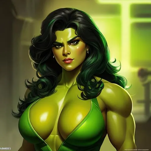 Prompt: Please produce a painted portrait of she-hulk, intricate, elegant, highly detailed, digital painting, art station, concept art, smooth, sharp focus, illustration, green