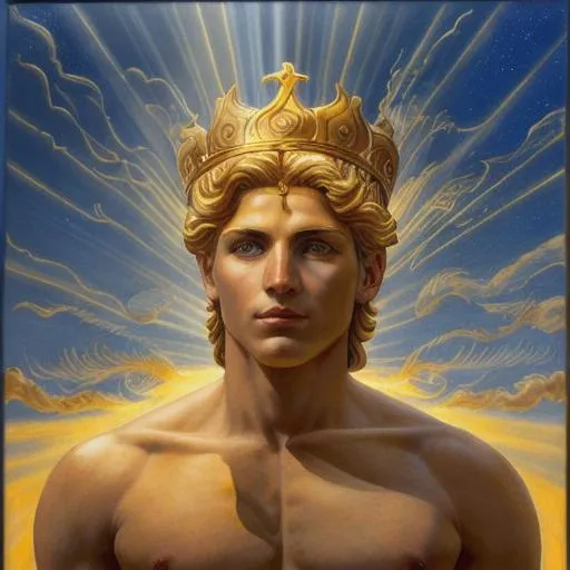 Prompt: Helios, the Greek god and personification of the sun, a handsome and muscular young man, golden hair of fire and shining eyes, driving a chariot across the sky pulling the sun behind him, wears  a crown of sun rays on his head, realistic oilpainting