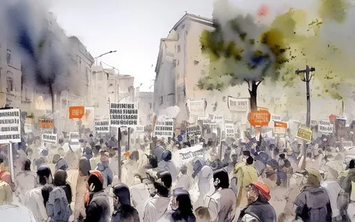 Prompt: demonstration, protest, crowd of people with posters without inscriptions in their hands, graphics, watercolor, 