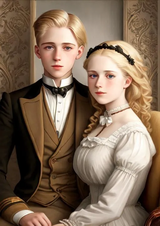 Prompt: Zoomed out hyper realistic very detailed oil portrait of a 21 year old couple, 1sr class passengers on the Titanic, fashionable early 20th century clothing with highly detailed intricate blond hair, wide open eyes, , 2064.