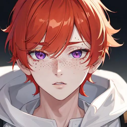 Prompt: Erikku male adult (short ginger hair, freckles, right eye blue left eye purple) UHD, 8K, Highly detailed, insane detail, best quality, high quality, anime style, exhausted