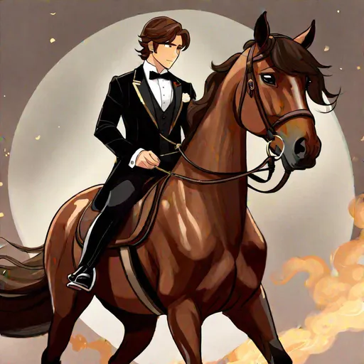 Prompt: Caleb  as a demon horse hybrid (brown hair) (brown eyes) wearing a tuxedo, full body, riding a horse