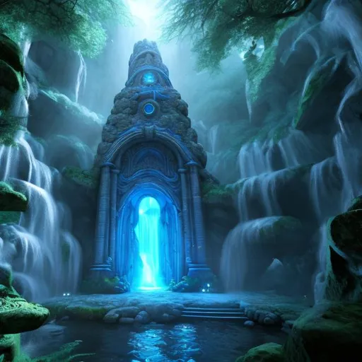Prompt: Portal hidden behind a waterfall in a forest Fantasy, another dimension. Hyperrealistic, UHD, HD, 8K, 