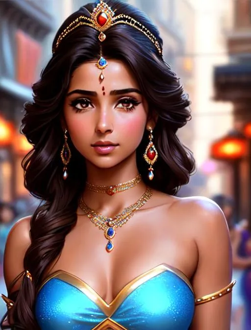 Prompt:  Naomi Scott as princess jasmine in a scene from aladdin , brown hair, brown eyes, in crowded town center, ethereal, sad, jewelry set balayage wild hair, royal vibe, highly detailed, highly detailed face, digital painting, Trending on artstation , HD quality, tan skin,artgerm,  by Ilya Kuvshinov 