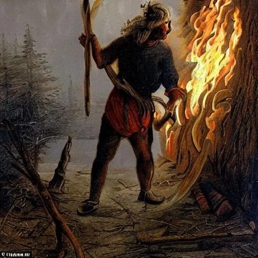 Prompt: an extravagant woodcutter walking out of a flaming building, his axe in one hand, his daughter hung over his shoulder
