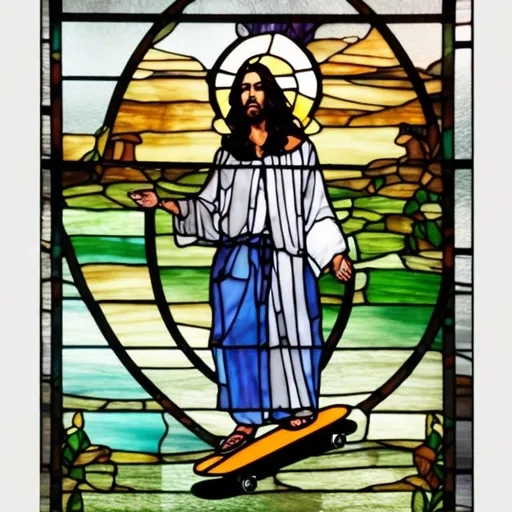 Prompt: Jesus on a skateboard stained glass