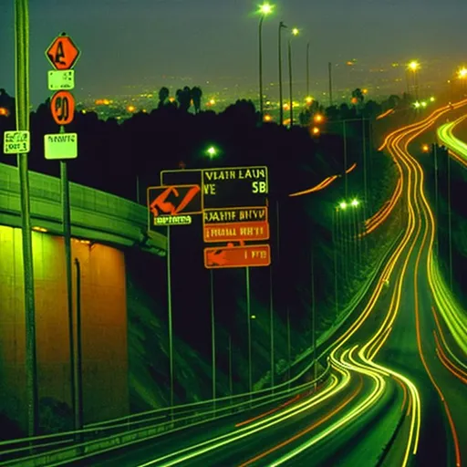 Prompt: Night highway louts Elise 2005 
in distance the other people place music Los Angeles 