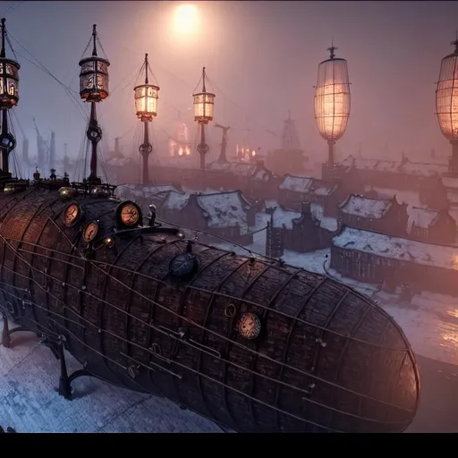 Prompt: steampunk airship village frostpunk London China 8k HDDR