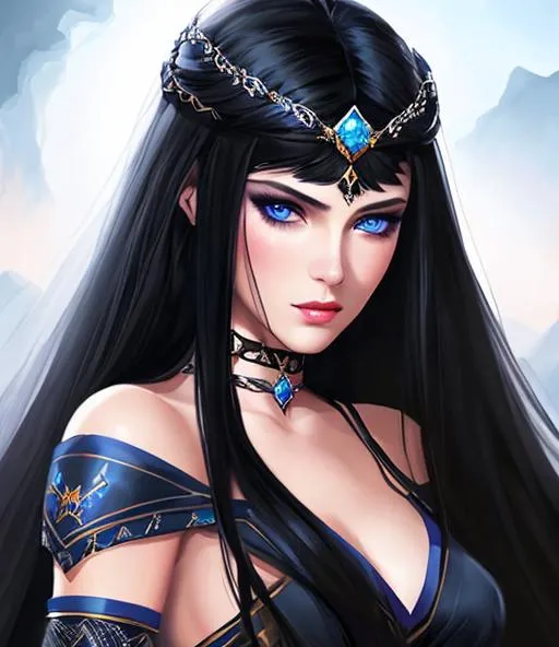 Prompt: Beautiful confident princess woman with blue eyes and full lips and black long hair HD quality, royal vibe, highly detailed, digital painting, battlefield ethereal.