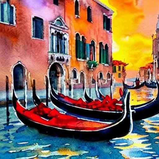 Prompt: Watercolor expressionistic painting of Venice, warm sunset colors, loose and spontaneous brushwork, capturing the essence of gondolas and historic buildings, atmospheric mood, wet-on-dry technique for crisp details, focus on the interplay of light and shadow. --ar 3:2 --v 5 --q 2 --s 750