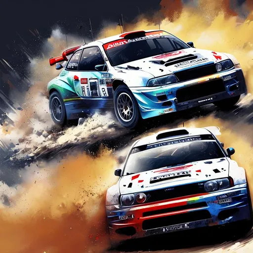 Prompt:  Hi resolution, hyper realistic painting of rally car racing art style