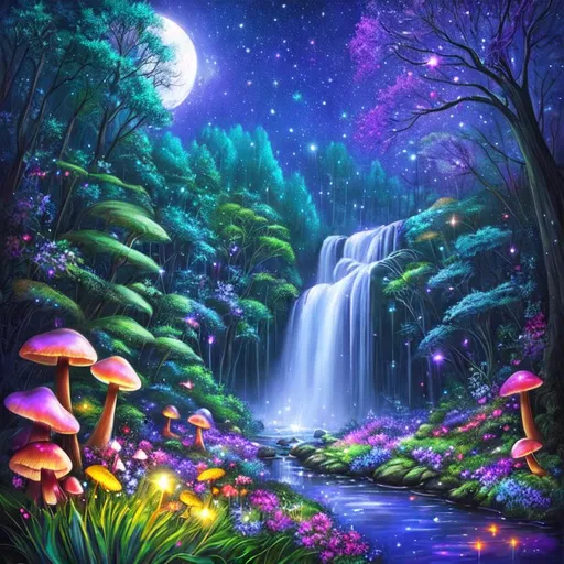 Prompt: Disney style, moon, forest, flowers, nighttime, stream, waterfall, mushrooms, galaxy, soft light, art, painting, sweet, fireflies, spooky dark forest