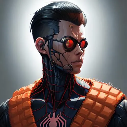 Prompt: (in the style of <uzumaki>)  A full portrait of a futuristic dystopian junktown Spider-Man scrapper, man, fit hip, intricate, elegant, highly detailed, digital painting, artstation, concept art, smooth, sharp focus, illustration, art by krenz cushart and artgerm demura and raja ravi verma