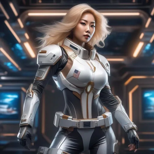 Prompt: An Asian woman with dyed blond hair, wearing a skimpy astronaut uniform, large shoulder pads,  visible thighs, cyborg, space background, wide hips, {{{masterpiece}}}, action pose, UHD, armed with a pistol, perfect hands, abs,