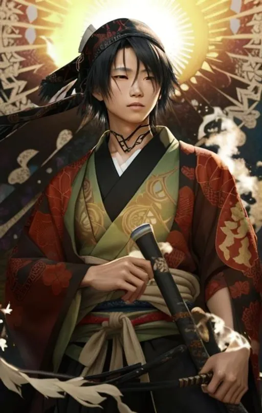 Prompt: a visible Scar near on the side of his mouth. Young Japanese Blacksmith in his teens wearing an intricate patterned bandana on his head, Wearing a black cloak over a his vagabond samurai kimono that he wears under and also wearing an intricate patterned bandana on his head and wearing a Cotton Shemagh Tactical Desert Scarf Wrapped on his neck. Invoking a sense of enigmatic power and unyielding determination.