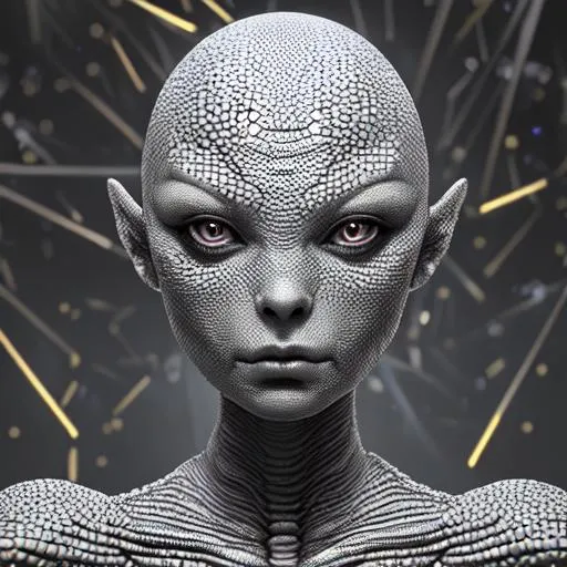 Prompt: Wide angle, full body photo of a female reptilian alien, with large head and deep black eyes, very little hair. by Flora Borsi. amazing details, hyper-realistic photograph, made of billions of intricate small mirrors, GODLIKE, bokeh, studio photography, cinematic lighting. depth of field. 8k