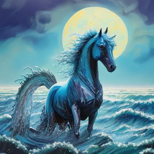 Prompt: fantasy kelpie horse blue coming out of the ocean with seaweed mane
Blue mist on the horizon moonlight
painting