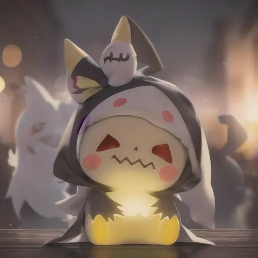 Prompt: Mimikyu happy, Professional, Highly Detailed, Hyperrealistic, sharp focus, Professional, UHD, HDR, 8K, Render, HD, Trending on ArtStation, bokeh, outdoor,  ghost, spooky, Mansion, pokemon