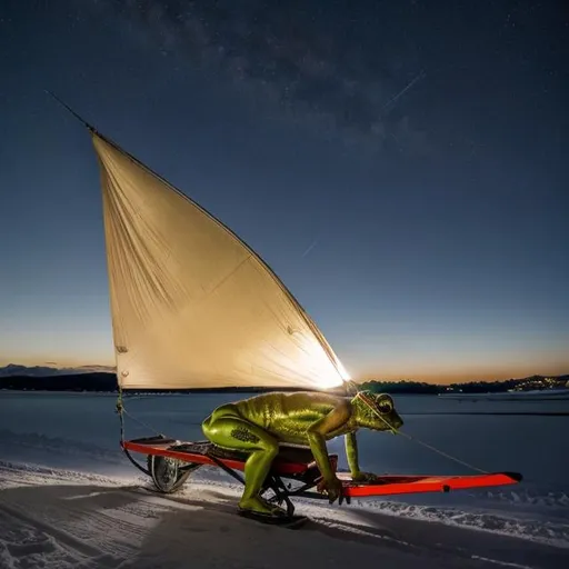 Prompt: Metal frog-man  crouched  on a sled with large billowing sail on mast on back, under starry sky