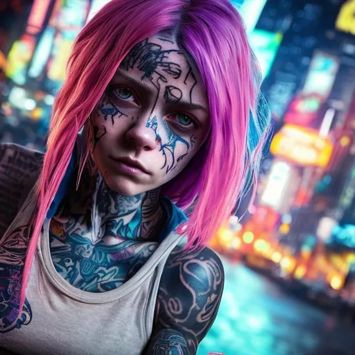 Prompt: raw photography, best quality, masterpiece, realistic, detailed, woman, sfw, arm tattoo, fit, cyberpunk fashion, Short pixie with long straight hair and undercut, big blue eyes, (looking at viewer:1. 2), (high angle shot:1. 3), colorful tattoos, blue and pink hair, detailed background, Sabine Wren, in the night city, portrait, smiling, tonemapping, seductive look, night, close up face shot, soft lights, 8k, realistic, Nikon z9, raytracing, focus face