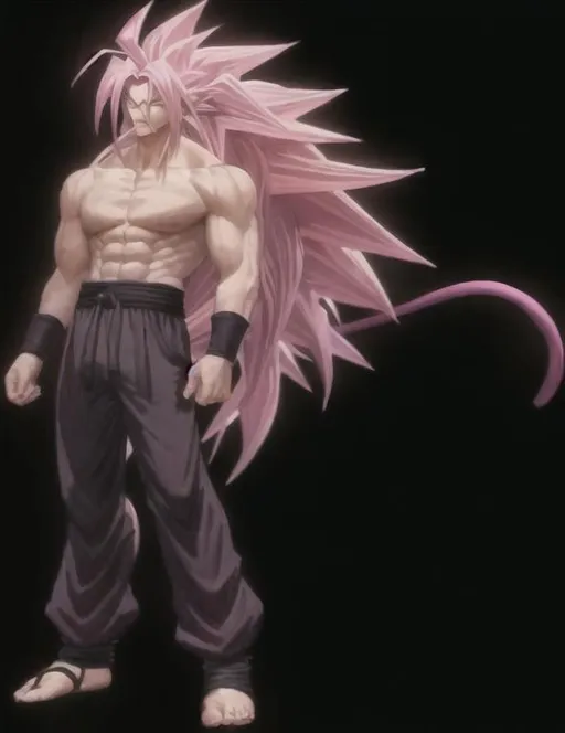 Prompt: men adult , pink hair large , tail , ssj3 , black Goku , dogi black-rose