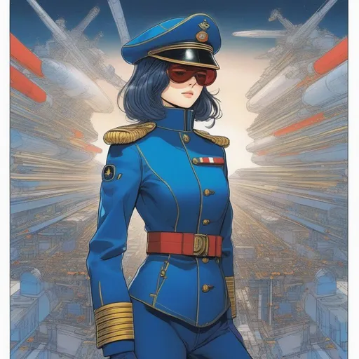 Prompt: Whole body. Full Figure, from distance. a Young Japanese woman in 20th century Blue scifi uniform. Admiral uniform. Cute. she wears googles. Akira art. Anime art. Captain Harlock art. Leiji Matsumoto art. 2d art. 2d. well draw face. detailed.