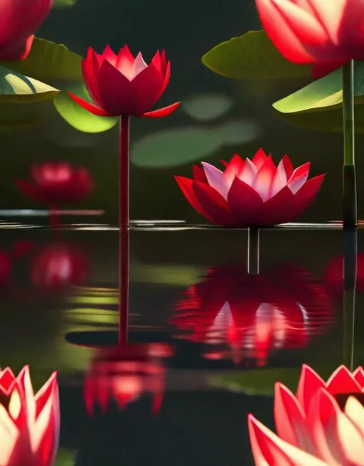 Prompt: A vivid crimson lotus flower in full bloom emerges from a serene pond, surrounded by lily pads and reflected forest. Shot at sunrise with telephoto lens. Peaceful, beauty, nature., Ray traced shadows 