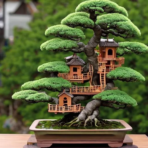 Prompt:  Bonsai with a wooden tree house
