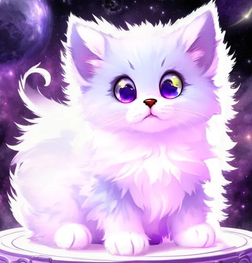 Prompt: Cute, purple, fluffy, fantasy space kitten, with starry, purple eyes, purple fur, and possessing the element of space and making circles of stars
 move around in the air in a magical way, in a space background. Perfect features, extremely detailed, realistic. Krenz Cushart + loish +gaston bussiere +craig mullins, j. c. leyendecker +Artgerm.