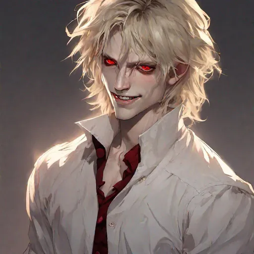 Prompt: skinny handsome vampire, messy blond hair, mischievous smile, red eyes, hyper realistic, beautifully detailed, epic lighting