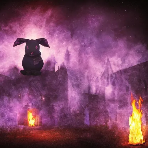 Prompt: long shot professional photograph, bunny burns a church, purple flames, dark lighting, heavenly lighting, mysterious body of water, low poly, highly detailed