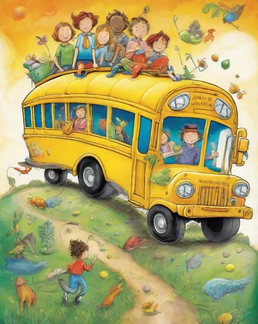 Prompt: A whimsical and imaginative depiction of the Magic School Bus from the children's book series by Joanna Cole and Bruce Degen. Capture the sense of wonder and excitement that the Magic School Bus inspires in children of all ages. Use bright colors and playful elements to create a truly magical image.