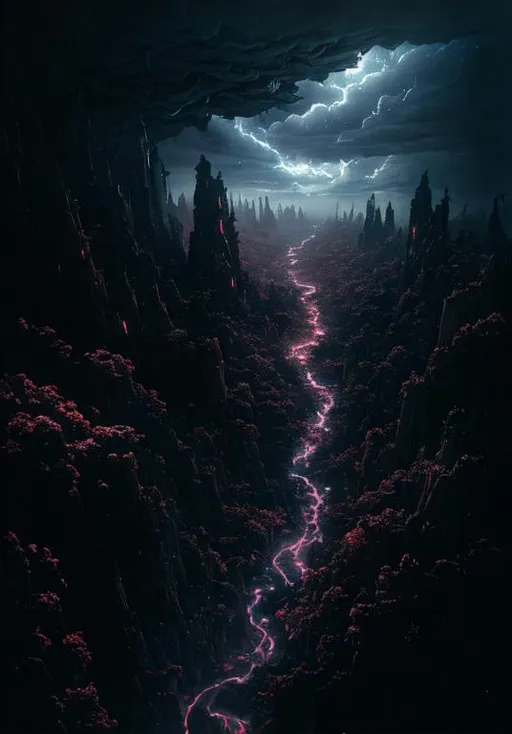Prompt: a dark sky filled with lots of clouds, artist unknown, photo taken from above, james jean marc simonetti, dark forest at night, blossoming path to heaven, burning clouds, from a 2 0 1 9 sci fi 8 k movie, huge chasm, unknown location, standing on a bridge, amazing exquisite matte painting