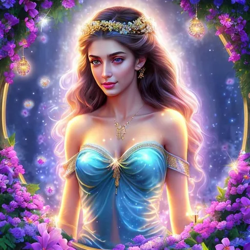 Prompt: HD 4k 3D 8k professional modeling photo hyper realistic beautiful young woman ethereal greek goddess of hope
shiny black hair ponytails blue eyes gorgeous face pale skin beautiful shimmering grecian top and skirt flower crown holding flowers full body surrounded by magical glowing light hd landscape background inside a jar with glowing sprites and fireflies