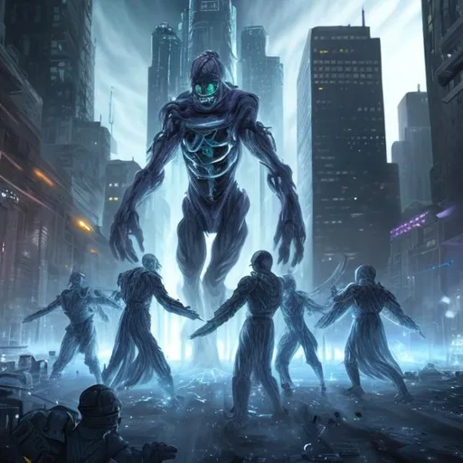 Prompt: A reality warping humanoid entity fight a bunch of soiders in a city