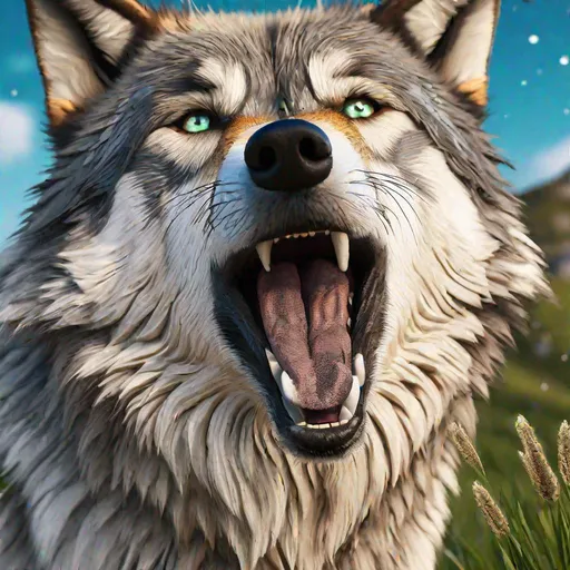Prompt: wolves howling, 4k, 8k, UHD, best quality, highly detailed, intricate detail, vibrant, sapphire blue sky, emerald grass, studio lighting, 70mm ef, mouth open, open mouth, sharp focus, fluffy fur, full body focus, hyper realistic, 8k eyes, highly detailed face, highly detailed eyes