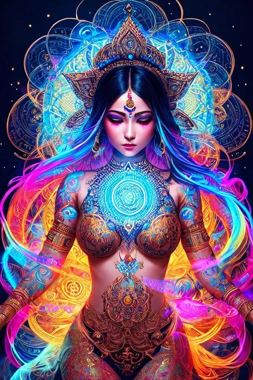 Prompt: photo of hyperdetailed intricate elaborate many of glowing Sanskrit character-shape floating around in many circles, around a dancing, dynamic pose, hyperdetailed intricate elaborate Carne Griffiths and Conrad Roset painting style beautiful face girl, dancing,
 
hyperdetailed intricate elaborate clothes,

space, cosmic mist,

colorful glamorous sunshine, cinematic light,

album cover art, 128K resolution, masterfully crafted,

Greg Rutkowski, Huang Guangjian, CGSociety, ZBrush Central, Victo Ngai,

semi-monochrome,