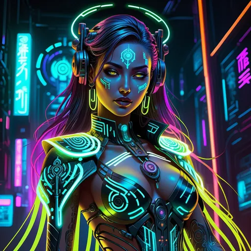 Prompt: Full body view cyberpunk goddess lady of the dead, digital painting, intricate cybernetic details, glowing neon accents, haunting and ethereal presence, high quality, anime style, cyberpunk, futuristic, mysterious, detailed digital art, glowing characters, professional, atmospheric lighting
