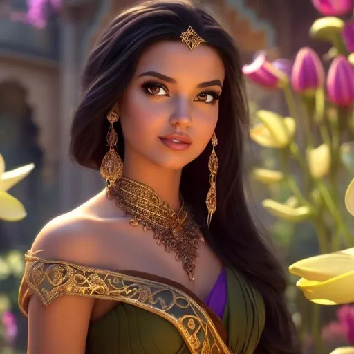 Prompt: professional photo disney jasmine as live action human woman hd hyper realistic beautiful arabian princess black hair olive skin brown eyes beautiful face blue  arabian dress enchanting
arabian palace courtyard hd background with live action realistic lotus flowers and lilies