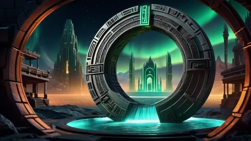 Prompt: magical portal between cities realms worlds kingdoms, circular portal, ring standing on edge, upright ring, freestanding ring, hieroglyphs on ring, complete ring, ancient aztec architecture, atlantis city plaza setting, aurora borealis, panoramic view, dark night, futuristic cyberpunk tech-noir setting