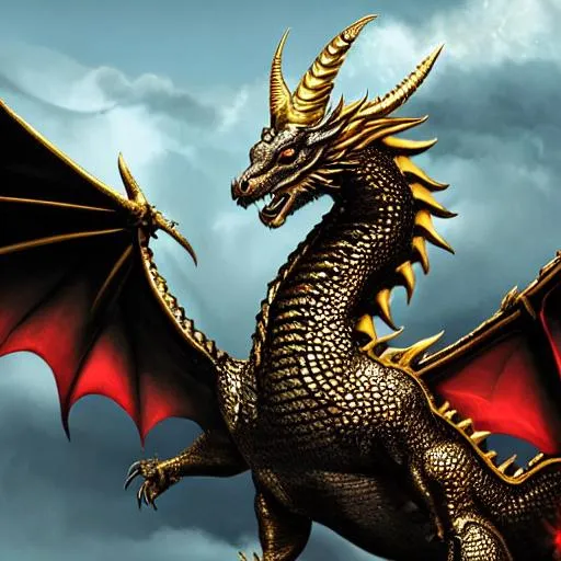 Prompt: Portrait of an dark gold iridescent  scaled western dragon with iridescent red markings and a cute face, dragon with 7 horns, flying over a floating castle, perfect composition, hyperrealistic, super detailed, 8k, high quality, trending art, trending on artstation, sharp focus, studio photo, intricate details, highly detailed, by greg rutkowski, illustration, watercolor