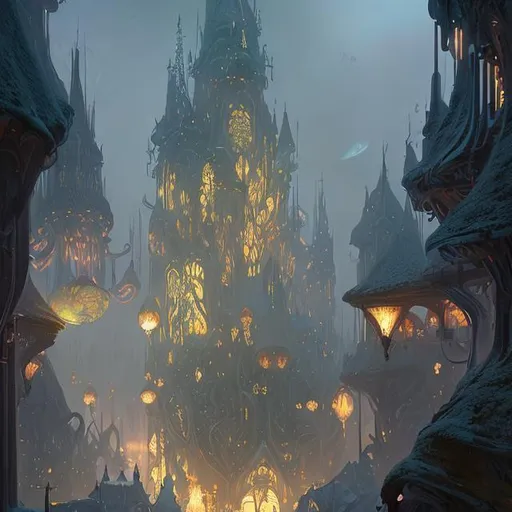 Prompt: extreme long shot concept art depicted art nouveau fantasy city, holy manor, light fantasy, arcanepunk, arcane yellow and silver glow, dark ambiance, art by Cédric Peyravernay and Jules Lavirotte