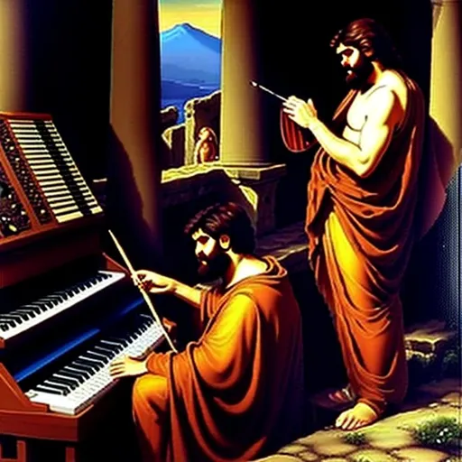 Prompt: Oil painting of Vangelis recording Aphrodite’s Child 666 in Pompeii