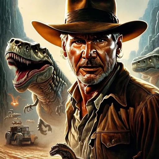 Prompt: ultra realistic illustration, incredibly detailed Harrison Ford face, {{Indiana Jones being chased by a T-Rex}}, intricate, elegant, highly detailed, digital painting, artstation, concept art, smooth, sharp focus, illustration, art by artgerm and greg rutkowski and drew struzan