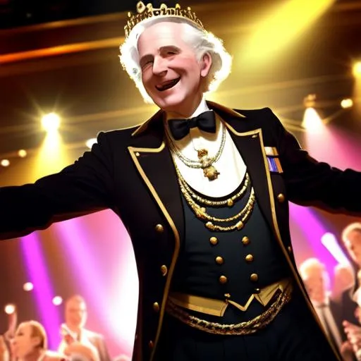 Prompt: ((old King Charles III)) dancing in the club, dancing being cool, big happy smile, accurate face, photo realistic, 4k, nightclub lighting, detailed face