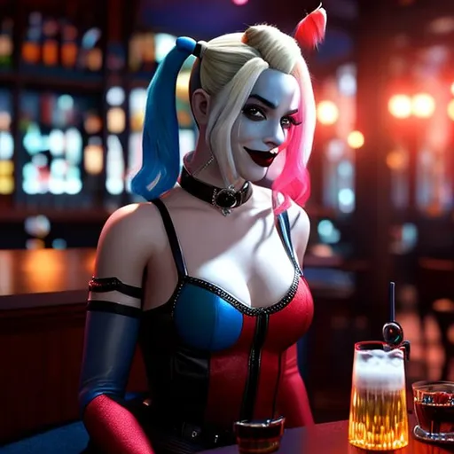 Prompt: Harley Quinn enjoying a martini at a fancy bar, landscape, hyper realistic, unreal engine, dramatic